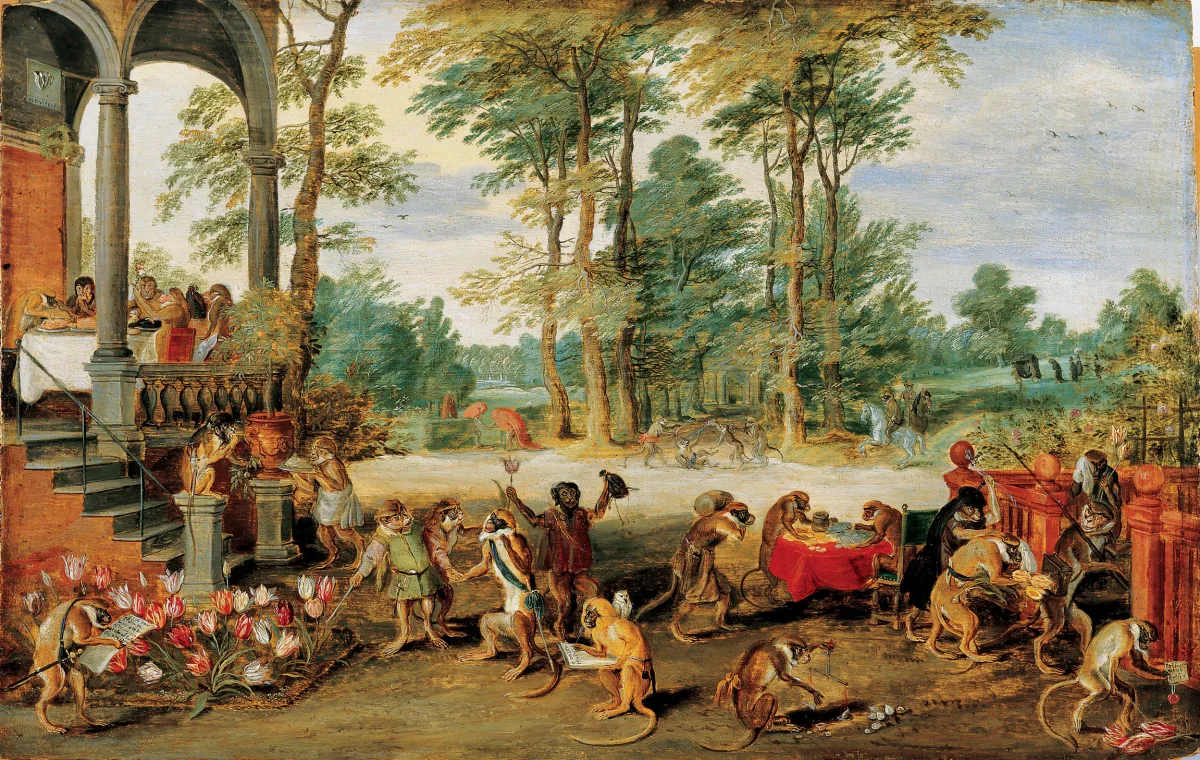 17th-century painting of monkeys in human clothes trading tulips: weighing bulbs, counting coins, feasting on a terrace, one being led before a judge, a flower bed of striped tulips in the foreground