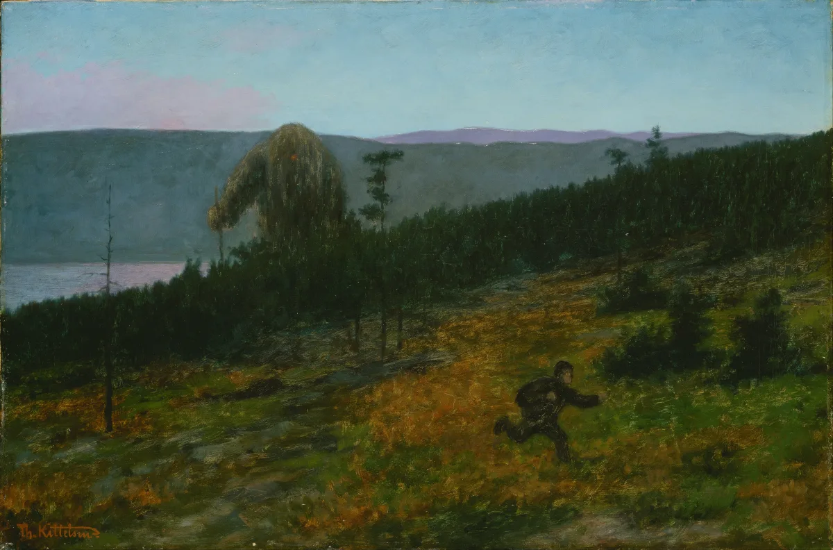 Theodor Kittelsen painting of a huge troll looming over a forest while a small boy watches