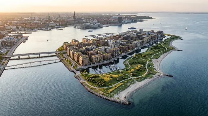 KI-generierte Luftaufnahme einer grünen künstlichen Halbinsel mit Stränden und einem modernen Stadtteil vor der Skyline von Kopenhagen