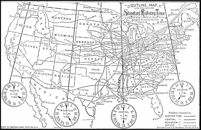 An 1884 diagram comparing standard railway time with Greenwich Mean Time