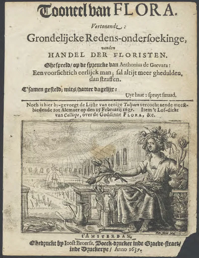 Title page of a Dutch pamphlet printed in 1637, Tooneel van Flora, with an engraving of the goddess Flora holding tulips in front of a formal garden